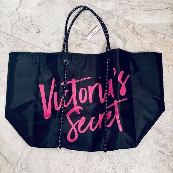 NWT Victoria’s Secret Angel Tote Black Pink Convertible Rope Weekender Tote Bag - Picture 1 of 12